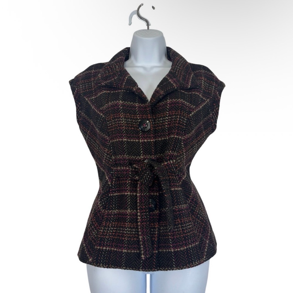 CAbi Multicolor Tweed Belted Vest - Black with Burgundy & Brown